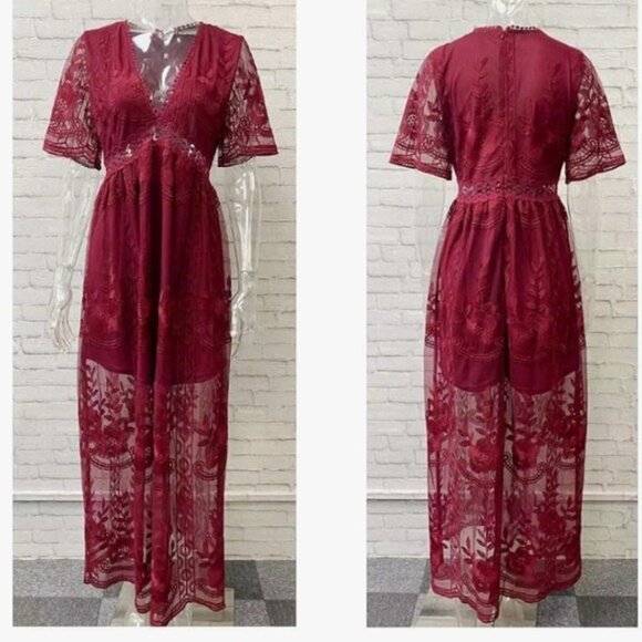 Southern Fried Chics Red Lace Maxi Dress XS NWT Romantic Boho Sheer Overlay NWT - Picture 3 of 16